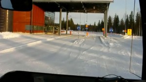 Passing the Finnish border control, on our way into Russia.